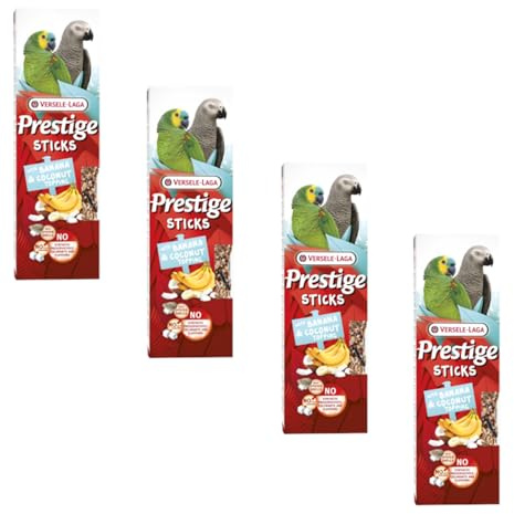 Versele-Laga Prestige Sticks Papageien mit Banane & Kokostopping | 4er Pack | 4 x 140 g | Snack für Papageien | Ohne Zuckerzusatz und ohne synthetische Konservierungsmittel