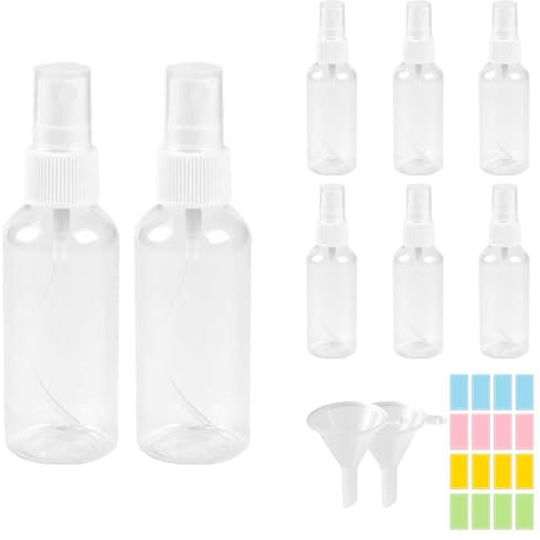 BORISCA 8 Pz Contenitore Spray Vuoto, Bottiglie Spray Piccole di Plastica Trasparente, Spruzzino 50ml con Imbuto e Carta per Etichette, Bottiglie Spray da Viaggio per Liquido Cosmetico
