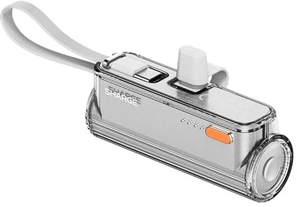 SHARGE Flow Mini 2 Power Bank 22.5w Max - Caricabatterie portatile con connettore Lightning e USB-C a ricarica rapida, con cavo integrato, per iPhone 16/15/14, Argento