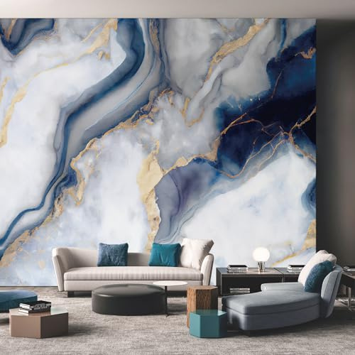 Marble 3D Photo Wallpaper Mural, Abstract Blue Gold Wallcoverings, 250cmx175cm Indoor Wall Painting, for TV Backdrop Home Decoration