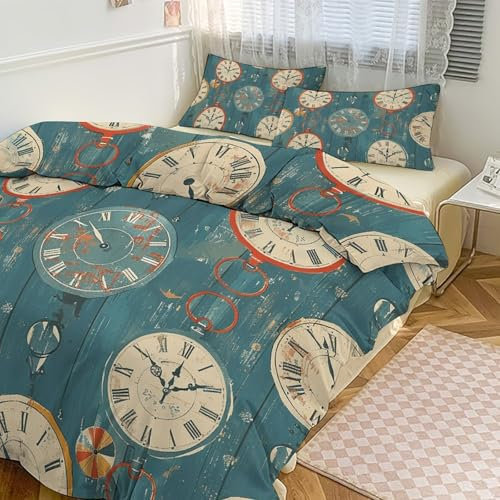 LYHVSFJW Bettwäsche-Set, 3-teilig, leicht, weich, mit 2 Kissen, wendbar, verdickt, Retro-Uhr-Muster, Tagesdecke, Decken-Set für alle Jahreszeiten, 228,6 x 228,6 cm