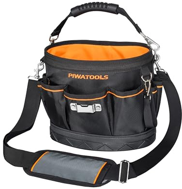 Piwatools Small 18-Pocket Tool Tote Bag, Heavy Duty 1680D Electricians Tool Bag with Waterproof Hard Base, Hard-Body Bucket, Open Top Tool Organizer with Shoulder Strap & Handle, L26 x W15 x H23 CM