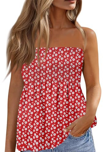 Debardeur sans Bretelles pour Femme Été Bustier Bandeau Tops sans Manches Vest Chemise Haut Décontracté Blouse Tube Top Femme Haut Court sans Bretelle Débardeur Rouge 2XL