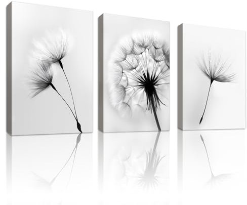 WENGTIAO 3 Stück Löwenzahn Leinwand Bilder Kunstdrucke Gerahmtes Bild Schwarz Weiß Floral Gemälde auf Leinwand Moderne Minimalistisch Wandbilder für Wohnzimmer Schlafzimmer Wanddeko 30x40cmx3