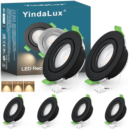 YindaLux 6x LED Einbaustrahler IP65 230V 5W Schwarz 2700K Lochmaß 60-75mm | feststehend, 550lm, nicht dimmbar, flach, GU10 Einbaurahmen, abnehmbare LED Modul, für Bad und geschützte Außenbereiche