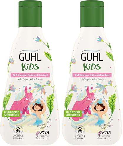 Guhl Kids 3 in 1 Shampoo, Spülung & Duschgel - Inhalt: 250 ml - Speziell für Kinder entwickelt - Kein Ziepen - Kindgerechtes Design - Cosmos Natural zertifiziert (Packung mit 2)