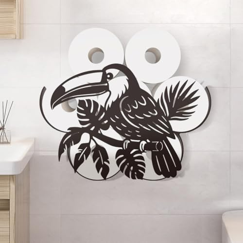 WADORN Porte Papier Toilette en Métal Toucan Oiseau, Noir d'arbre Rangement Décoratif Papier Toilette en Métal pour 8 Rouleau Supplémentaire Organisateur Mural Amusant et Autonome pour Salle de Bain