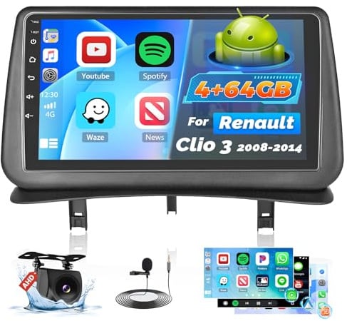 Roinvou 4+64G Radio Coche 2 DIN para Renault Clio 3 2008-2014 Carplay Inalámbrico Android Auto, Android Pantalla Radio Coche 9 Pulgadas MirrorLink Bluetooth WiFi GPS 32EQ RDS/FM SWC Cámara