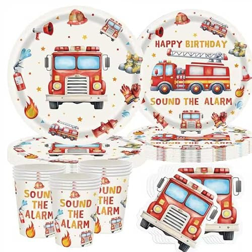 Feuerwehrauto Partygeschirr Set – 50Teiliges Feuerwehrmann Einweggeschirr mit Zoll Teller,Zoll Teller, Servietten & 10 Becher, Feuerwehr Kindergeburtstag Geburtstag Deko für Kinder Party
