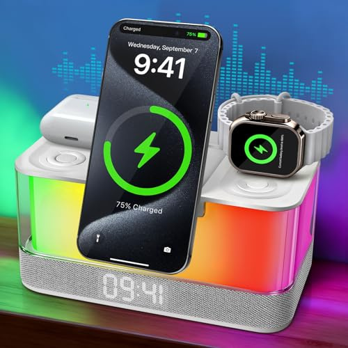 Charmofun Nachttischlampe mit Bluetooth Lautsprecher und Ladestation Phone, 3 in 1 Wireless Charger für Smartphone Smartwatch Kopfhörer, Musikbox Bluetooth 5.3 mit Nachttischlampe Dimmbar