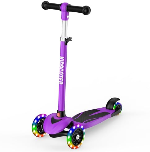 2-in-1 Kinder-Scooter für Kinder von 3-12 Jahren, 3 Räder Lean to Steer Scooter mit LED-Leuchträdern, Verstellbarer Lenker, faltbar & abnehmbar für Jungen und Mädchen, Lila