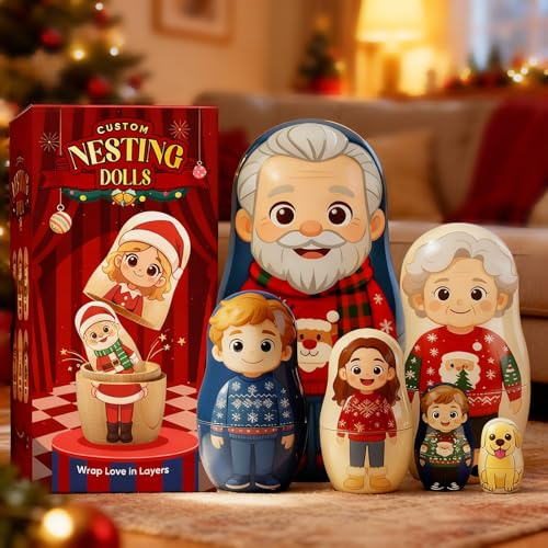 Personalised Portrait Nesting Dolls - Custom Cartoon Style Family Russian Matryoshka Dolls with Photo - Christmas Birthday Thanksgiving House Warming Gift for New Home, Parents, Grandparents, Couples