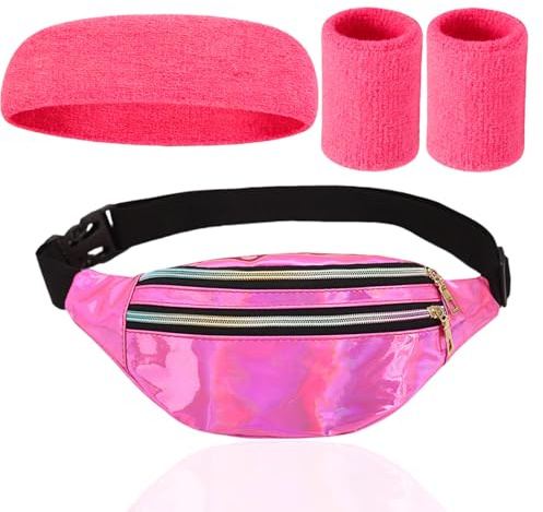 FangBoJie Mode Metallic Bum Bag mit verstellbarem Riemen Glatter Reißverschluss DREI Fächer, Armbänder und Stirnband, Bauchtasche Wasserdicht für Party, Karneval, Festival, Sport, Outdoor