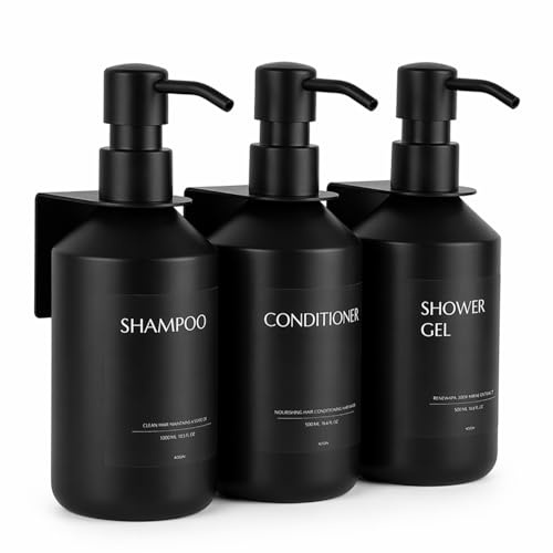 Janxin Seifenspender Ohne Bohren, Schwarz Seifenspender Set | 500ml Wandbehang Soap Dispenser, Shampoo Flaschen Zum Befüllen, Kommt mit 30 Aufklebern, Geeignet für Küche, Bad