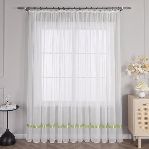 Joyswahl Voile Gardine transparenter Vorhang mit Satinband Design »Maja« Schals Fenster Vorhänge mit Kräuselband BxH 300x245cm Grün 1er Pack