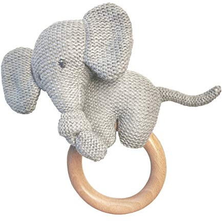 Nattou Beißring aus Holz, Mit Kuscheltier, Tembo, 17 x 15 cm, Grau/Holz, 929110