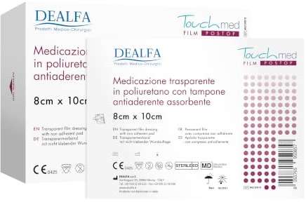 Touchmed Klebeband, steril, aus Polyurethan-Folie mit absorbierender Kompresse – transparent und wasserdicht, Einwegprodukt – 8 x 10 cm – Packung mit 25 Stück