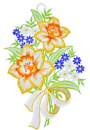 Plauener Spitze Fensterbild Narzissen farbig 17 x 27 cm Fensterdeko Fensterschmuck Bilder Handarbeit Deko Fenster