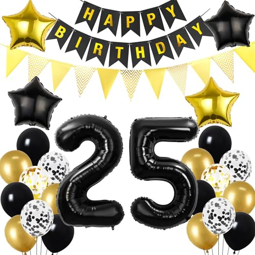 25. Geburtstag Dekoration Schwarz gold, Geburtstagsdeko 25 Jahre mann frau, 25 Geburtstag Deko männer frauen 25 Ballon Geburtstagdeko set, Luftballons 25. Geburtstag Party Deko 25 Geburtstag männer