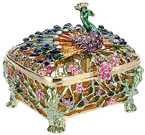 SUMNACON Mini-Schmuckkästchen im Pfauen-Stil, dekorativer Emaille-Scharnier, kleiner Schmuck-Organizer, Hochzeitsring-Box, Halskettenhalter, Ohrring-Organizer