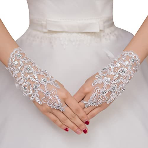 URFEDA Spitze Handschuhe Kurz Brauthandschuhe mit Strasssteine ohne Finger Damen Sexy Elegant Handschuhe Netzhandschuhe Mode Kostüm Accessoires Sommer Frauen Brauthandschuh Hochzeit Abend Party
