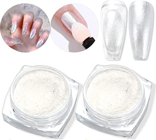 2 Boxes Pearl Nail Powder, Pearlescent White Pigment, High Gloss Glitter Nail Art, Holographic Ice Aurora Dust, White Chrome Powder for Home DIY Manicure Decoration