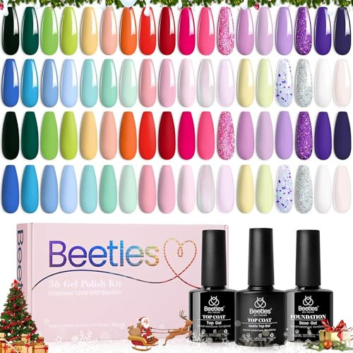 Beetles Gel Nail Polish Kit, 36 Colors Soak Off Gel Polish with 1 Base Coat 1 Glossy & 1 Matte Top Coat Red Orange Pastel Spring Summer Gel Nail Art Nail Manicure Gift Box