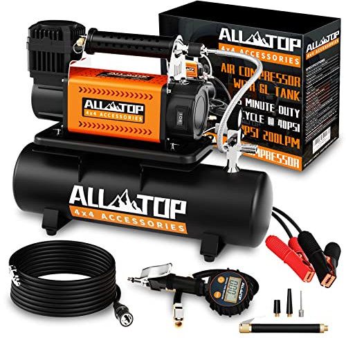 ALL-TOP Air Compressor with 6L Tank Kit, 12V Portable Inflator, 150 PSI Max, 200 L/Min Airflow, 6L Oil Free Steel Tank, Heavy Duty Air Compressor, Ideal for Tire Inflation and DIY Projects