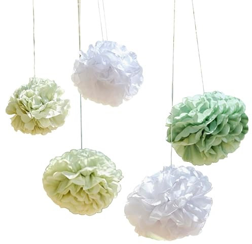 Ginger Ray Weiße und grüne umweltfreundliche Seidenpapier-Pompons zum Aufhängen, Babyparty-Dekorationen, 5 Stück