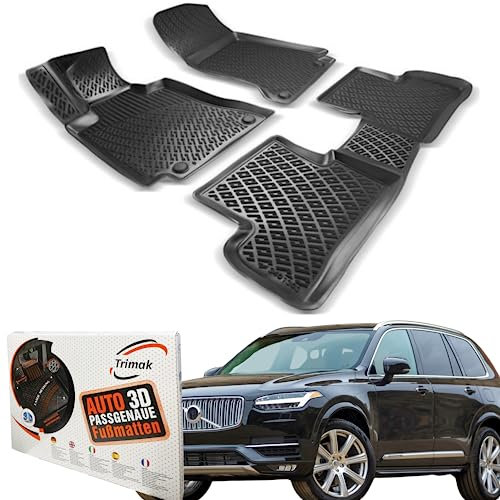 Trimak Passgenau 3D Fussmatten Auto Kompatibel mit Volvo XC90 2 Gen ab 2015 Auto Zubehör 1. und 2. Reihe Gummimatten Autos TPE Allwetter Geruchlos rutschfest Vorne und Hinten Schwartz