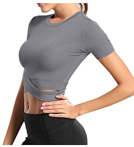 T-Shirt Damen Crop Top Langarm Sportshirt Sexy Sport Oberteil Bauchfrei Sommer Laufshirt Funktionsshirt Atmungsaktiv Leicht Yoga Fitness Shirts Schnelle Trockene Sporttop (Grau, S)