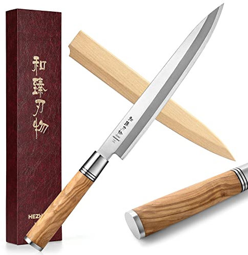 HEZHEN 240mm Sashimi Messer, Sushi Yanagiba Messer, Olivenholz Griff Messerkoffer aus Holz