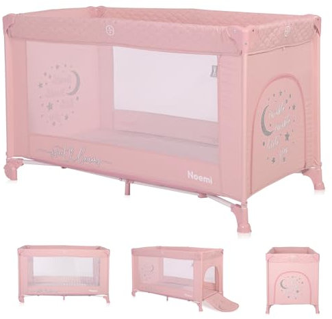 Lorelli Babybett und Laufstall Noemi 2 in 1 mit Seiteneingang, Kinderbett ab Geburt bis 15 kg, faltbares Baby Reisebett mit Rollen inkl. Transporttasche, rosa