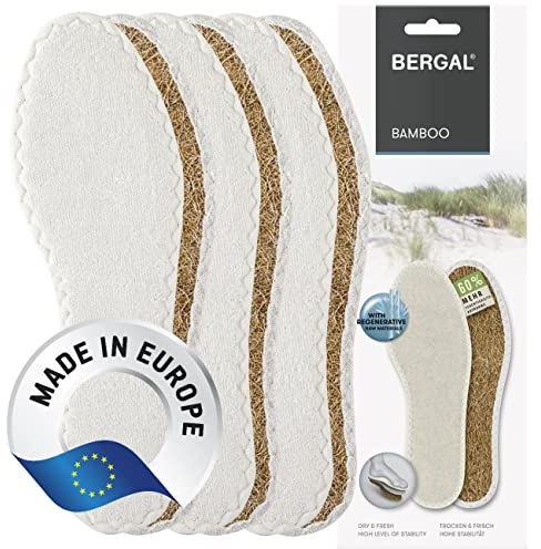 BERGAL BAMBOO 3 Paar Barfußsohlen Gr. 42 Frottee-Sohlen gegen Schweißfüße | Natürliche, atmungsaktive Einlegesohlen Bambus-Frottee & Kokosfaser 60 % mehr Feuchtigkeitsaufnahme als Baumwoll‑Frottee