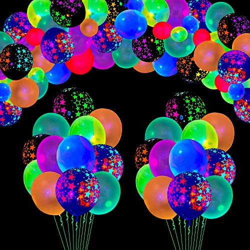 109er Pack UV-Neon-Ballons - Leuchtende Ballons, Glühen im Dunkeln, Schwarzlicht Reaktive Fluoreszierende Sterne LatexBallons - Neon-Party-Zubehör, Schwarzlicht Party, Assorted Colors