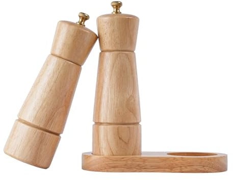 DeroTeno Salt and Pepper Mill Set with Tray, Adjustable Ceramic Grinder Salt Mill, Stainless Steel Grinder Pepper Mill, Rubber Wood, 16.5 cm Height, Bottom Dia 5 cm (Tray is Included