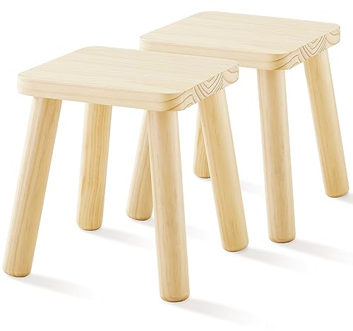 Beright Wooden Step Stools for Kids, Children's Stool fit with Sensory Table, Sturdy Sitting Stool with Assembled Four-Legged, for Children, Toddler, Square, 2 Pack