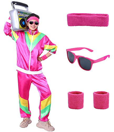 Metaparty Costume Années 80 Survêtement, Homme Femme Rétro Ensemble avec Veste et Pantalon Costume Annee 80 90 Deguisement Disco pour Carnaval, Soirée Deguise, Jogging (Rose, L)