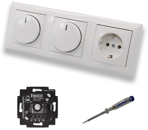 Busch Jäger 6523UR-103 (2 x) LED Drehdimmer Dimmer + Scheiben 2115-914 und Steckdose mit Kinderschutz 20EUCKS-914 in Balance Si alpinweiß glänzend + EBROM Phasenprüfer z. Montage d. Geräte 6523 UR-103