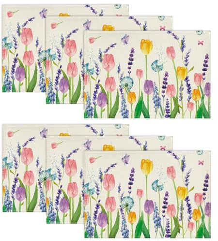 Artoid Mode Tulpe Lavendel Frühling 6er Set Platzsets, Saisonaler Sommer Küche Tisch Dekoration Drinnen Urlaub Party Dekor 30x45cm