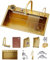 Fregadero de cascada de acero inoxidable dorado de 80 × 45 cm, con grifo 3 en 1, fregadero de cocina multifuncional con cesta de drenaje, cuenca de drenaje, tabla de cortar, escurridor de vasos,