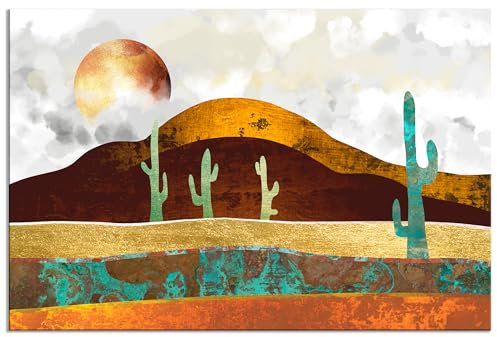 decomonkey - Impression sur Toile Intissé Paysage 120x80 1 Pièce - Tableau Décoration Appartement Cadre en Bois Déco Salon Peinture sur Toile Maison Cactus désert paysage soleil sable chaud or