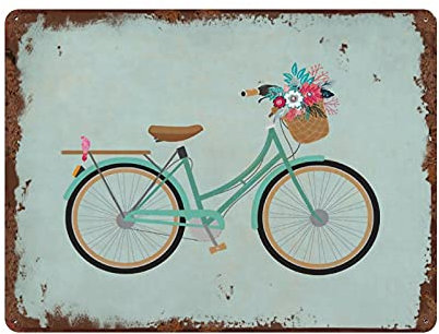 Viewkedt Vintage Metal Plaque Vintage Bicycle Vintage Tin Sign Aqua Bicycle Art Bike Vintage Tin Sign Fun Retro Tin Sign Art Floral Bicycle Sign Wall Sign 8x6Inches