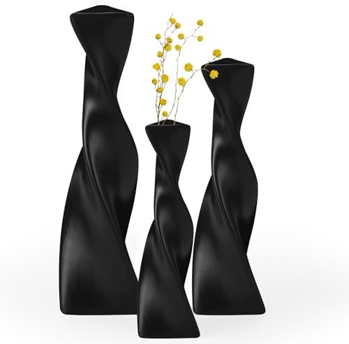 Grünara Set di 3 vasi decorativi in ceramica, per decorazione moderna della casa, decorazione minimalista scandinava, vaso per fiori per erba della pampa e fiori secchi (nero)