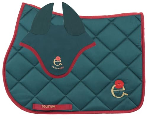 Satteldecke + Mütze Equityum Poppy, hohe Qualität, italienisches Design, innovative Materialien, Atmungsaktivität und raffinierte Details für den Komfort des Pferdes (grün/rot, voll)