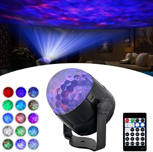 Water Ripple Projector Night Light, 15 Modes Sound Activated Party Projector Disco Crystal Ball Flash Light with Remote Controller for Home Room Dance Birthday Parties DJ Bar Club Pub (RGBW)