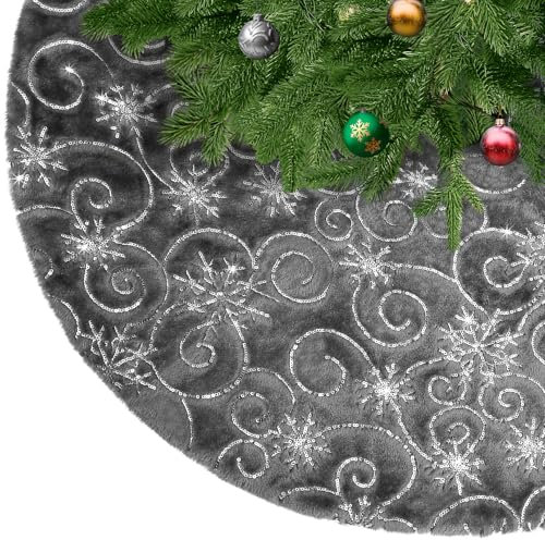 KONVINIT Grau Weihnachtsbaumdecke Plüsch Christmasbaumdecke Kunstfell Weihnachtsbaumteppich Rund Weihnachtsbaum Rock Weihnachtsdeko mit Silber Pailletten Schneeflocke,78cm/90cm/122cm