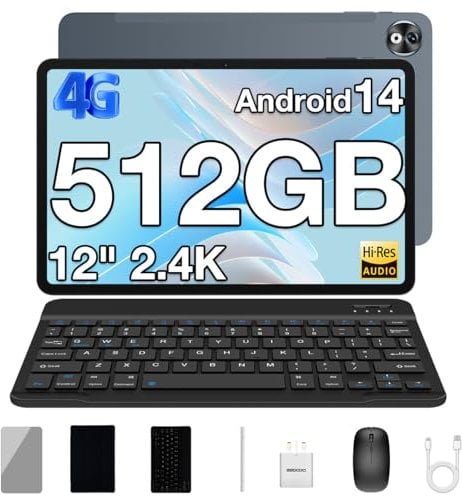 DOOGEE T40PRO, 12 inch Tablet 4G with SIM Card Slots, 2.4K Display, 20GB+512GB, 6nm Octa-Core, 10800mAh, 7.6mm Ultra-thin, Hi-Res Speaker, Android 14 Tablet with Keyboard/Mouse/Case/Pen, Gray