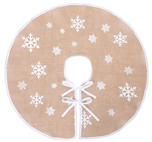 GEEHUA Jupe de sapin de Noël, 76,2 cm, jupe de sapin de Noël en toile de jute imprimée flocon de neige blanc pour décorations de Nouvel An, décoration de vacances pour ferme, intérieur et extérieur