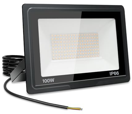 Jefedana 100W Led Strahler Außen, 10000LM Spotlight Superhell Scheinwerfer, 3000K Warmweiß Außenstrahler, IP66 Wasserdicht LED Fluter Außen, 144 LED Beads Flutlicht Aussenstrahler, für Garten Garage